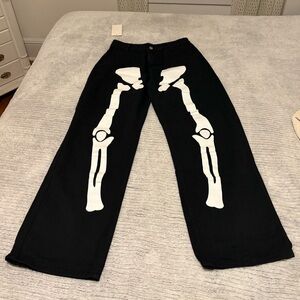 Lightweight denimISH HIGH-waisted Black Pants with White Skeleton Print